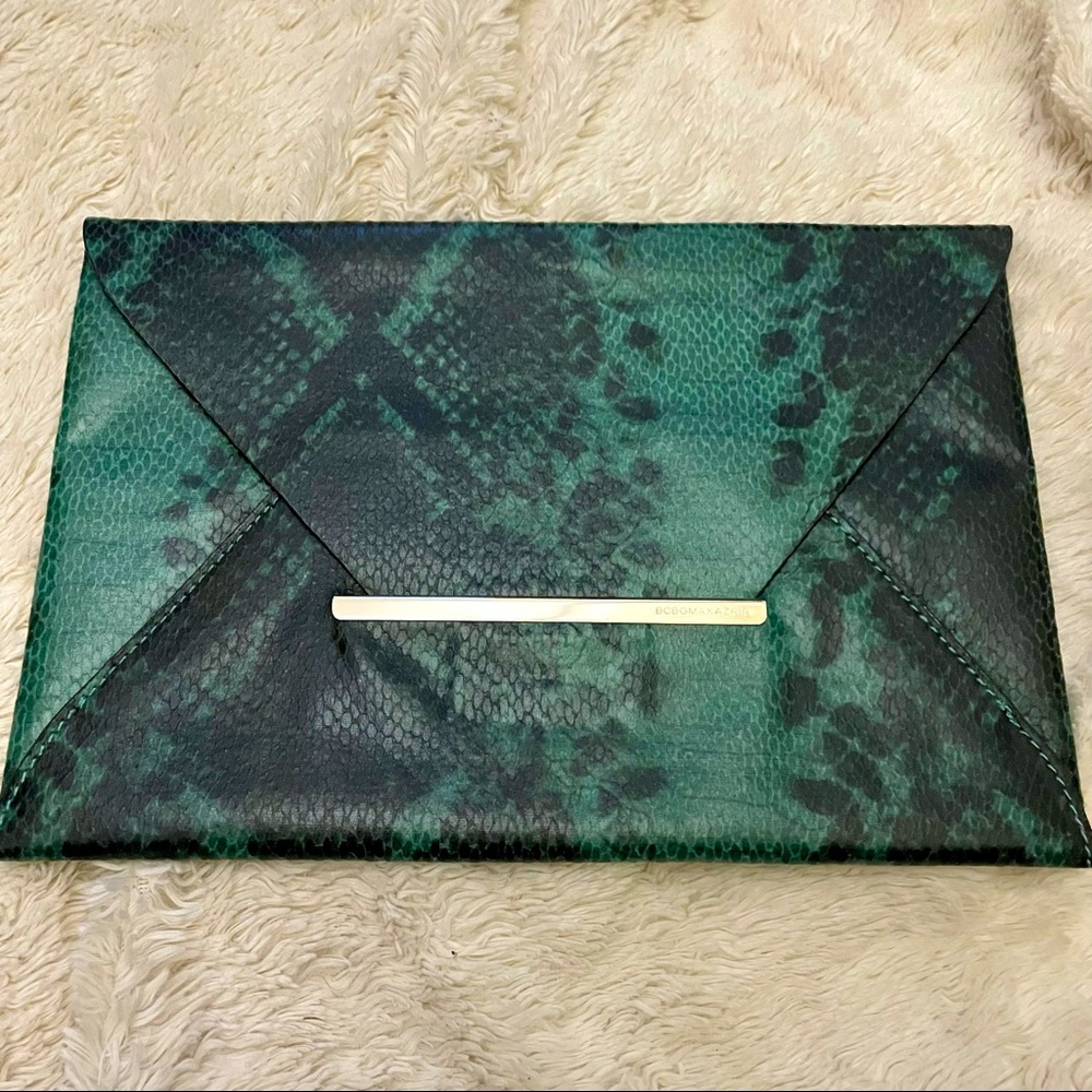 Envelope Snakeskin Clutch Green BCBGMAXAZRIA